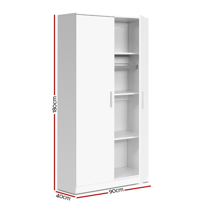 Multi-purpose Cupboard 2 Door 180cm Wardrobe Closet Storage Cabinet Kitchen Organiser White