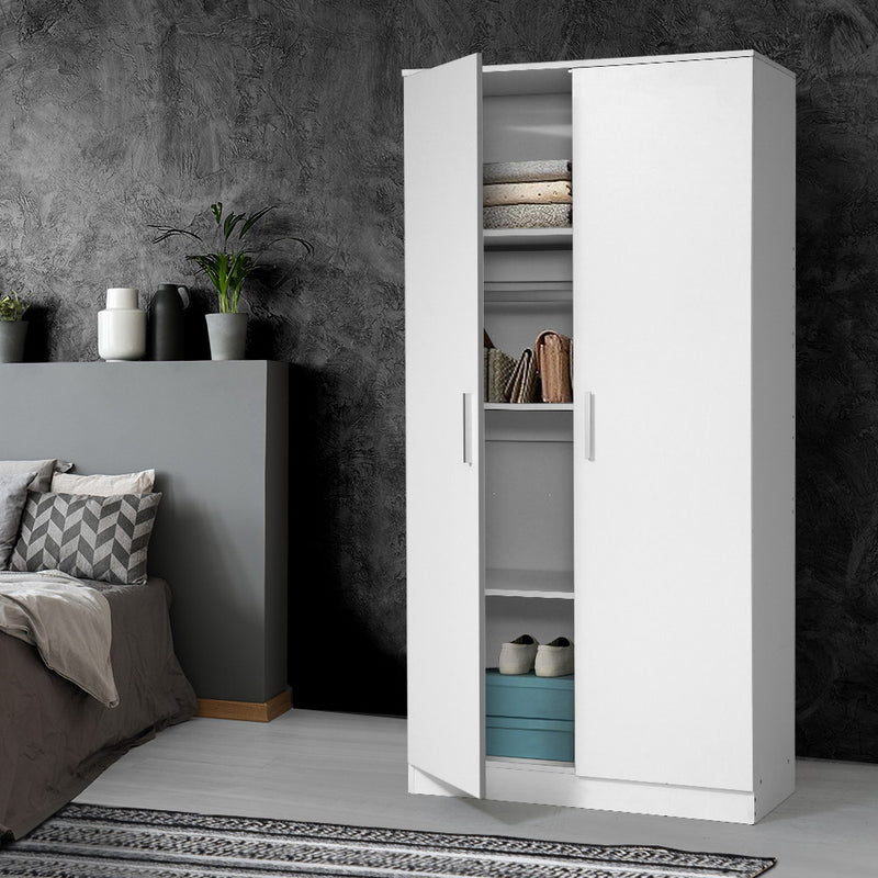 Multi-purpose Cupboard 2 Door 180cm Wardrobe Closet Storage Cabinet Kitchen Organiser White