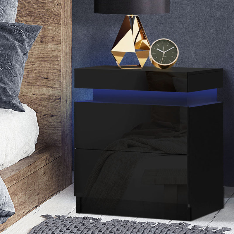 Bedside Tables Side Table Drawers RGB LED High Gloss Nightstand Black