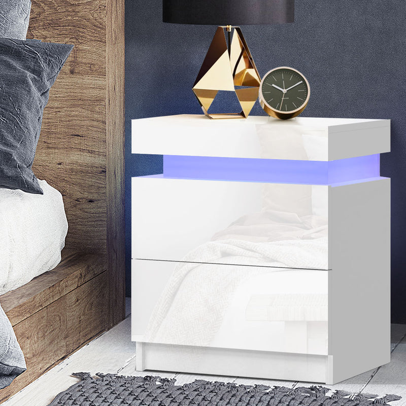 Bedside Tables Side Table Drawers RGB LED High Gloss Nightstand White