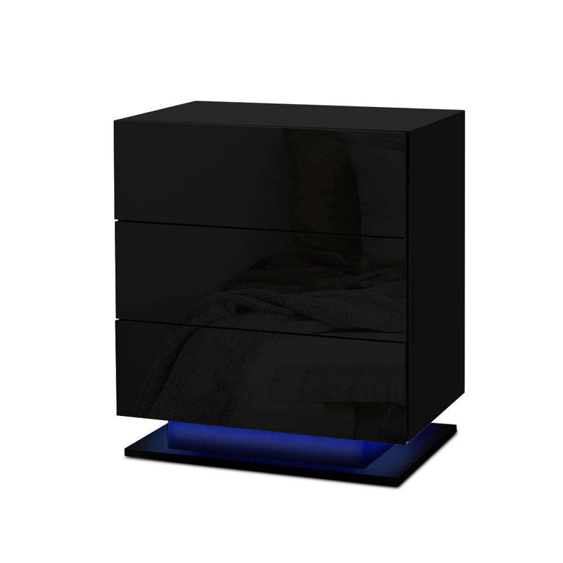 Bedside Tables Side Table RGB LED Lamp 3 Drawers Nightstand Gloss Black