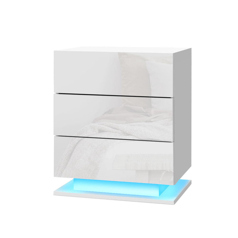 Bedside Tables Side Table RGB LED Lamp 3 Drawers Nightstand Gloss White