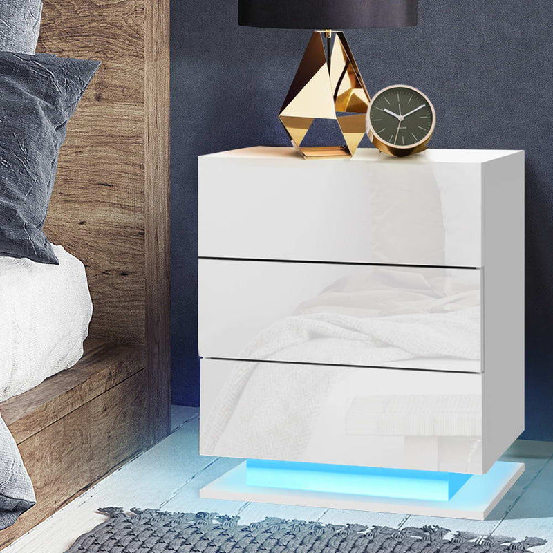 Bedside Tables Side Table RGB LED Lamp 3 Drawers Nightstand Gloss White