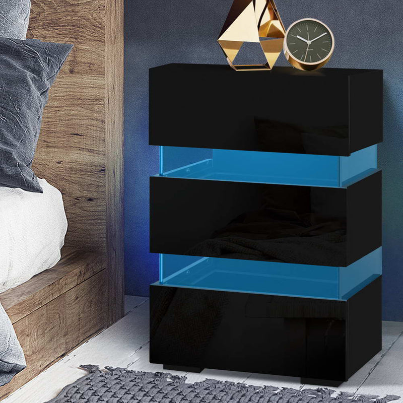 Bedside Table Side Unit RGB LED Lamp 3 Drawers Nightstand Gloss Furniture Black