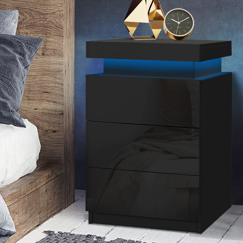 Bedside Tables Side Table 3 Drawers RGB LED High Gloss Nightstand Black