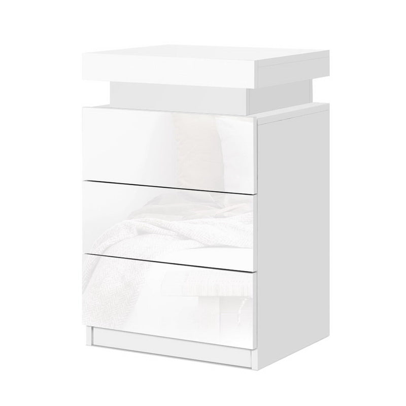 Bedside Tables Side Table 3 Drawers RGB LED High Gloss Nightstand White