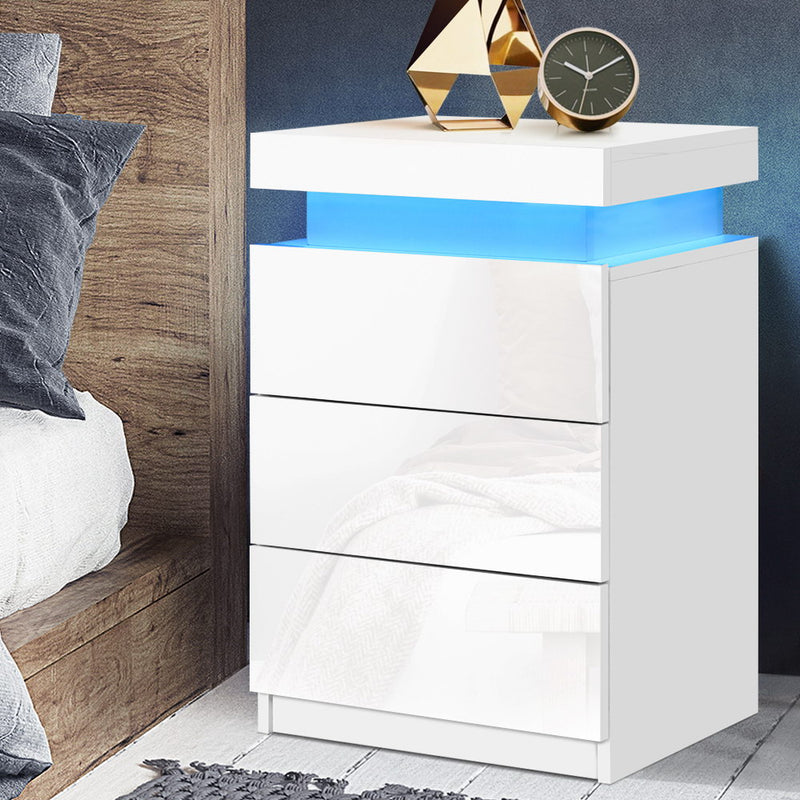 Bedside Tables Side Table 3 Drawers RGB LED High Gloss Nightstand White