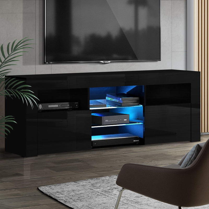 TV Cabinet Entertainment Unit Stand RGB LED Gloss Furniture 160cm Black