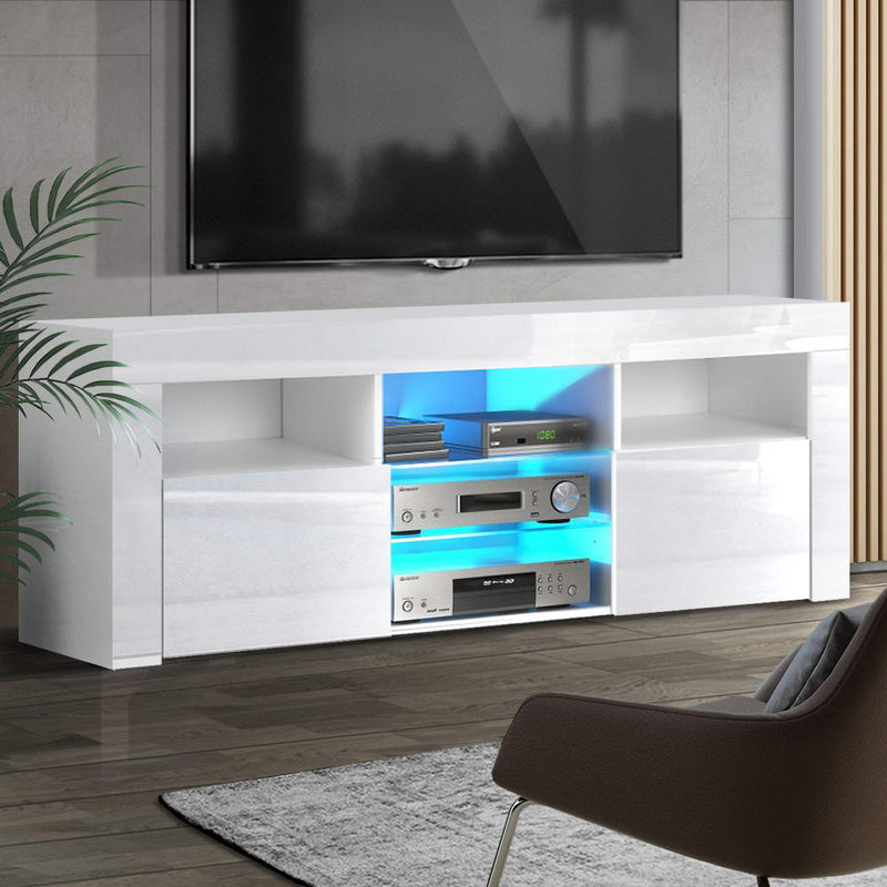 TV Cabinet Entertainment Unit Stand RGB LED Gloss Furniture 160cm White