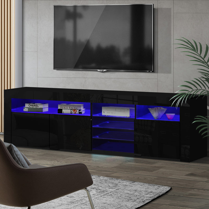 TV Cabinet Entertainment Unit Stand RGB LED Gloss 3 Doors 180cm Black