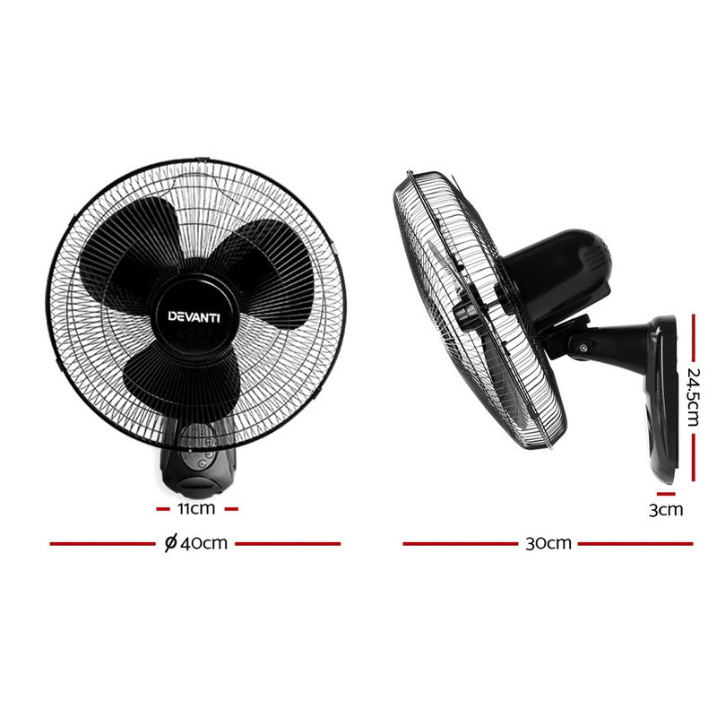 Devanti 40cm Wall Mounted Fan with Remote Control - Black