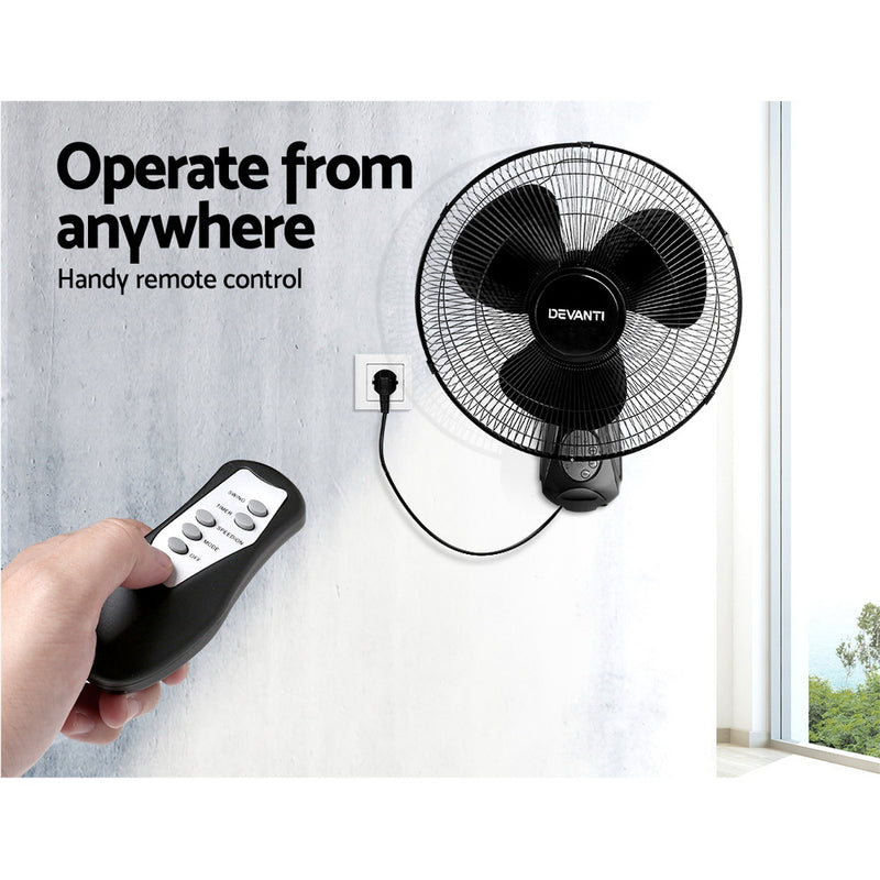 Devanti 40cm Wall Mounted Fan with Remote Control - Black