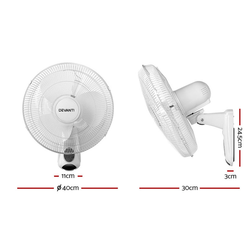 Devanti 40cm Wall Mounted Fan with Remote Control - White