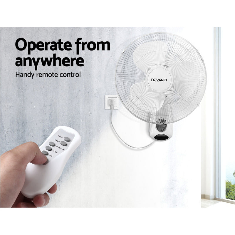 Devanti 40cm Wall Mounted Fan with Remote Control - White