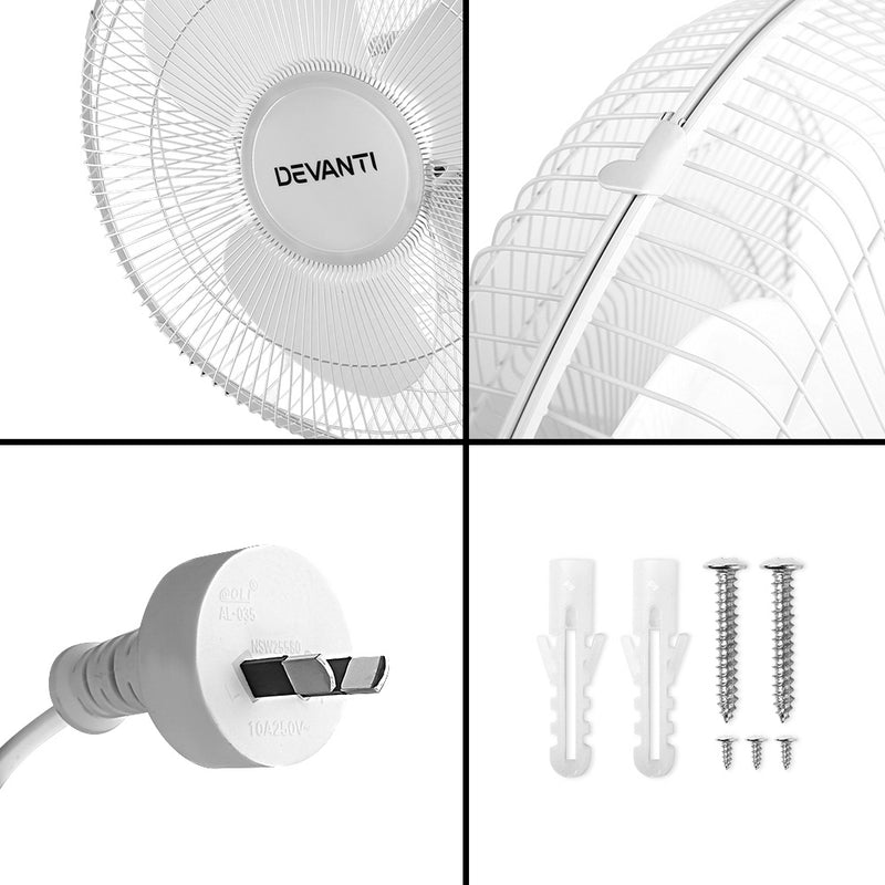 Devanti 40cm Wall Mounted Fan with Remote Control - White