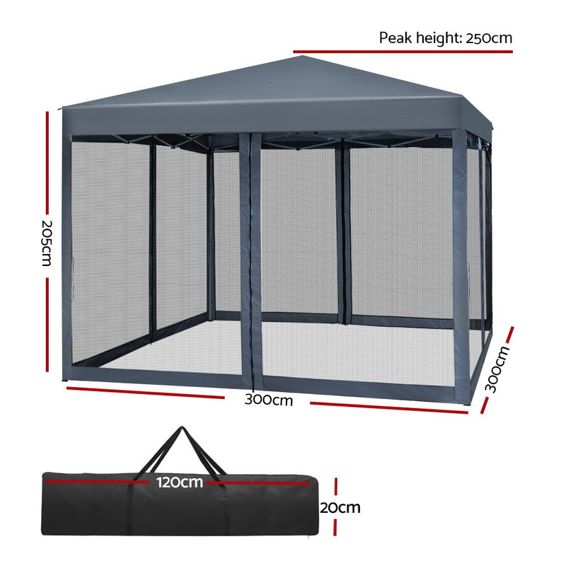 Gazebo Pop Up Marquee 3x3m Wedding Mesh Side Wall Outdoor Gazebos Grey