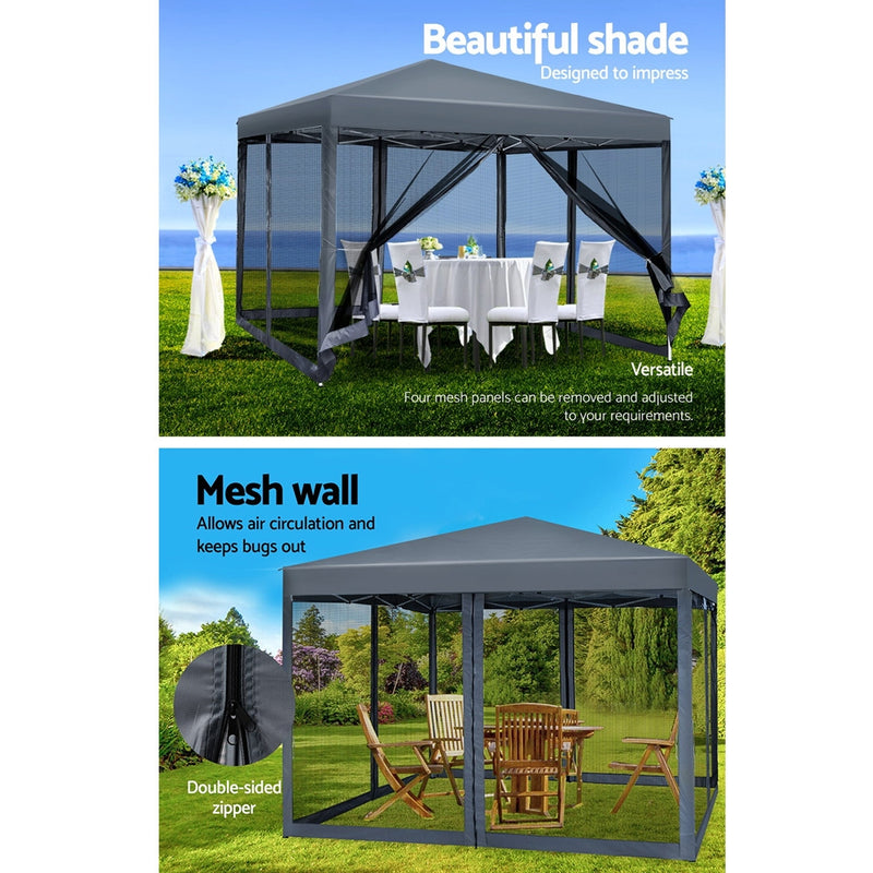 Gazebo Pop Up Marquee 3x3m Wedding Mesh Side Wall Outdoor Gazebos Grey