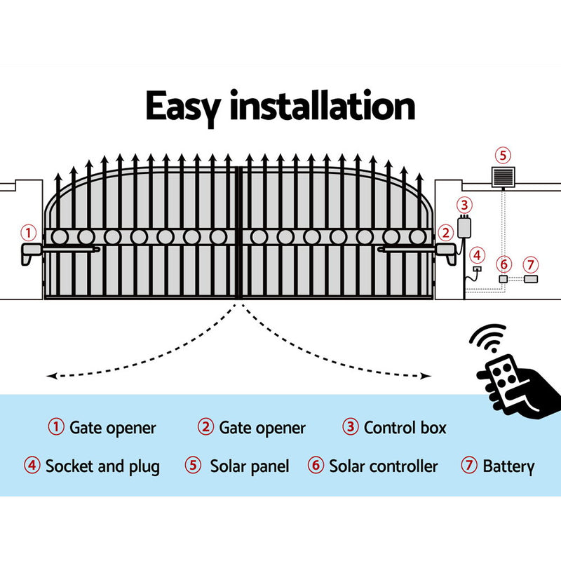 Swing Gate Opener Auto Solar Power Electric Kit Remote Control 1000KG