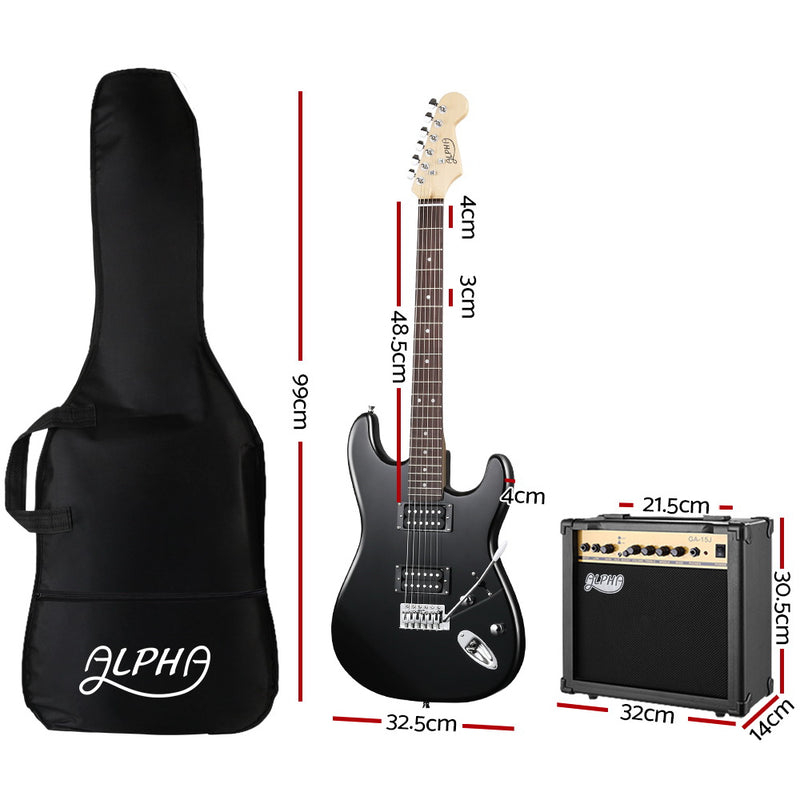 Alpha Electric Guitar And AMP Music String Instrument Rock Black Carry Bag Steel String