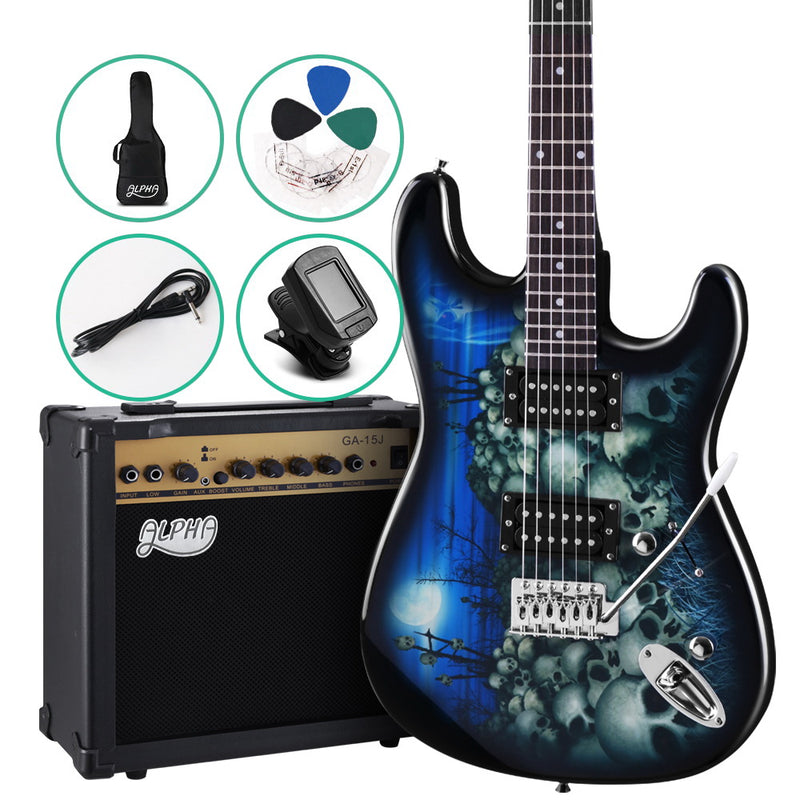 Alpha Electric Guitar And AMP Music String Instrument Rock Blue Carry Bag Steel String