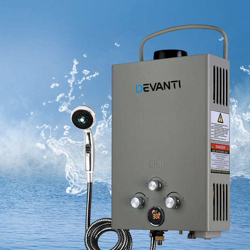 Devanti Gas Hot Water Heater Portable Shower Camping LPG Outdoor Instant Grey