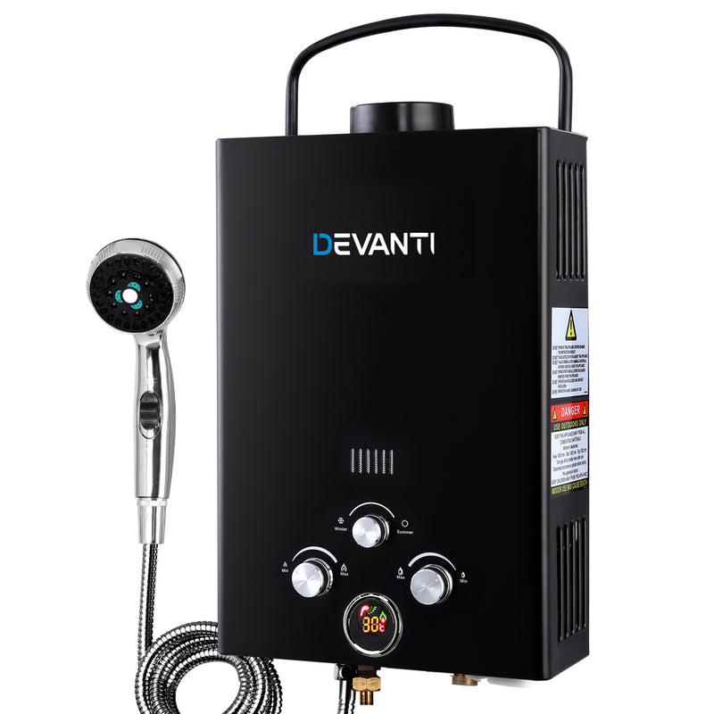 DEVANTi Portable Gas Water Heater Hot Shower Camping LPG Outdoor Instant 4WD Black