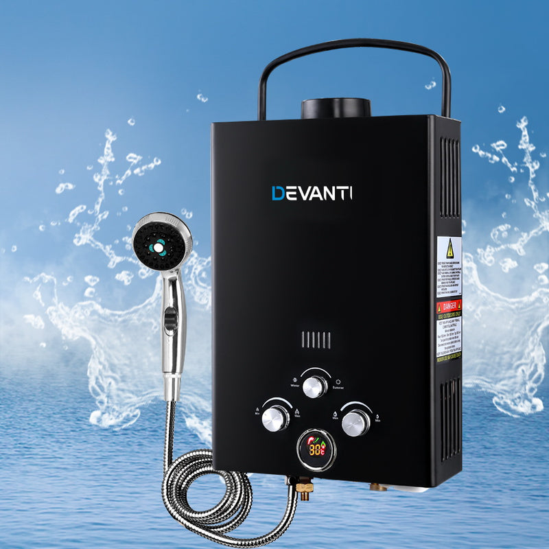 DEVANTi Portable Gas Water Heater Hot Shower Camping LPG Outdoor Instant 4WD Black