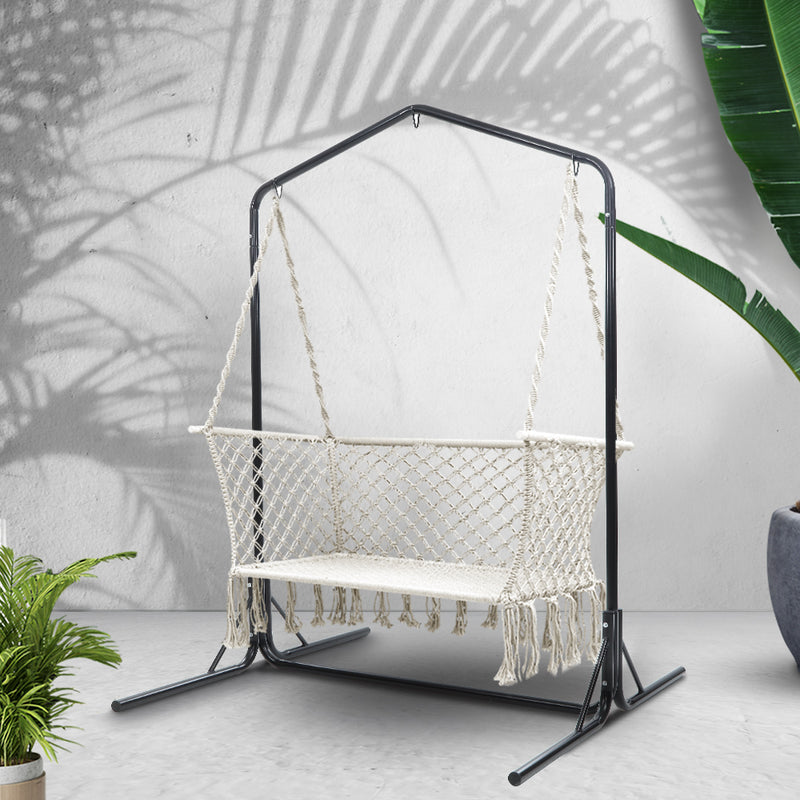 Double Swing Hammock Chair with Stand Macrame Outdoor Bench Seat Chairs