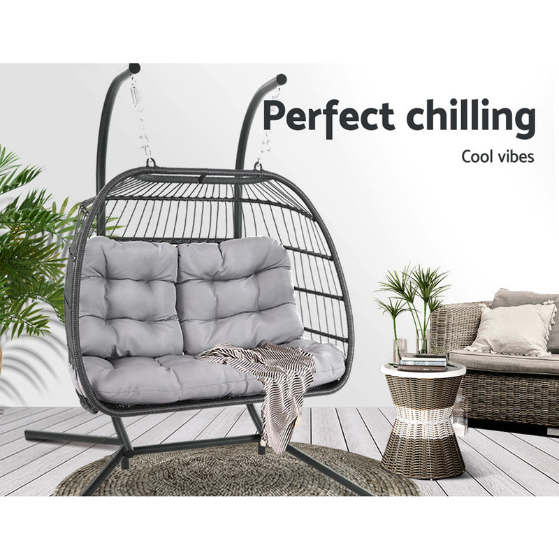 Outdoor Furniture Hanging Swing Chair Egg Hammock Pod Wicker 2 Person Grey