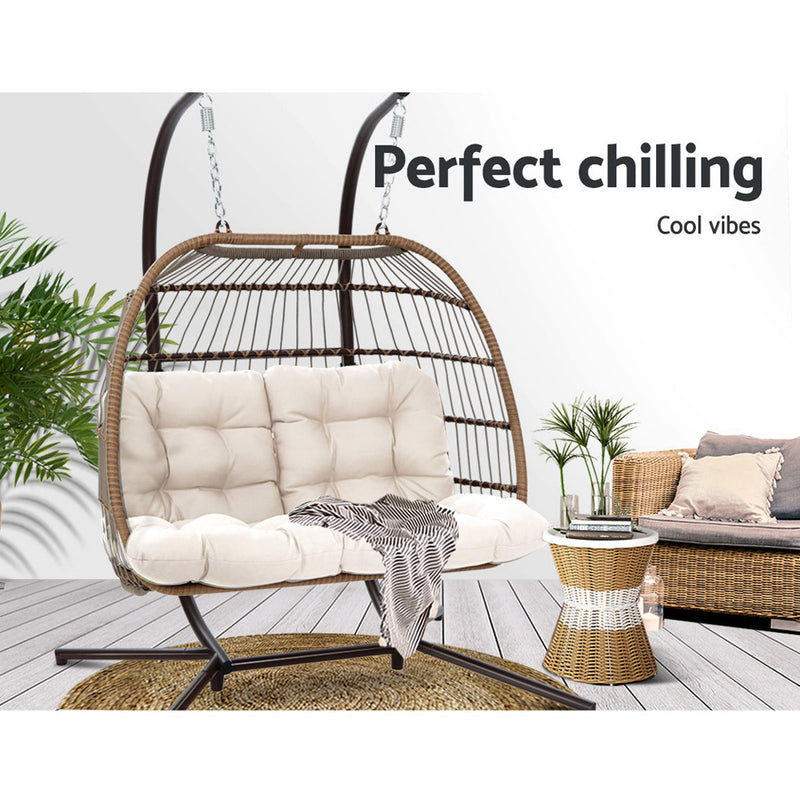 Outdoor Furniture Hanging Swing Chair Stand Egg Hammock Rattan Wicker Latte