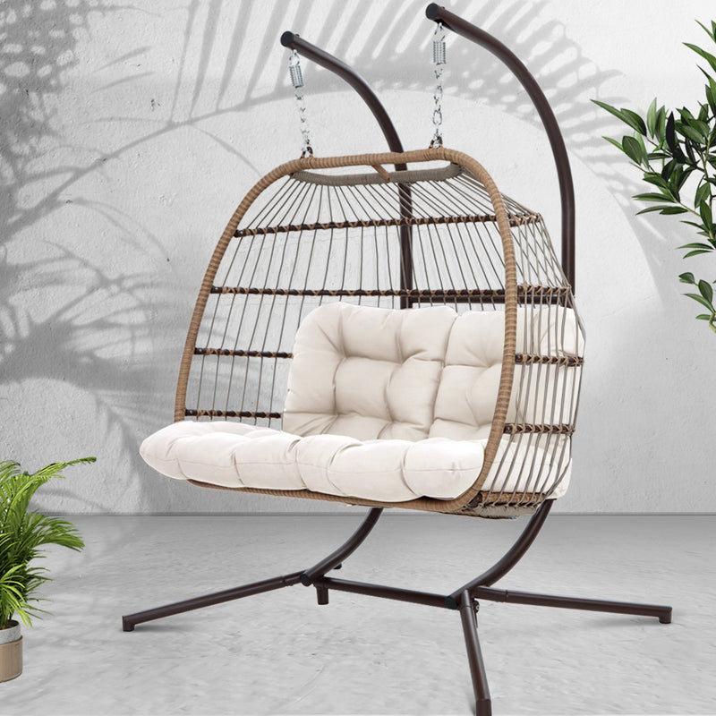 Outdoor Furniture Hanging Swing Chair Stand Egg Hammock Rattan Wicker Latte