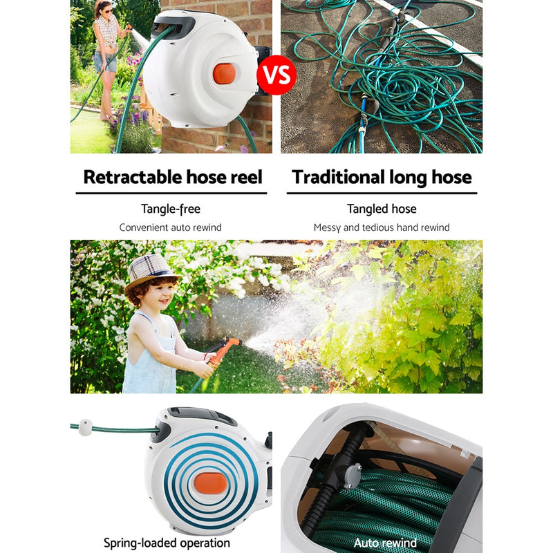 Retractable Hose Reel 20M Garden Water Brass Spray Gun Auto Rewind