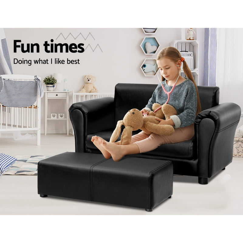 Keezi Kids Sofa Armchair Footstool Set Children Lounge Chair Couch Double Black