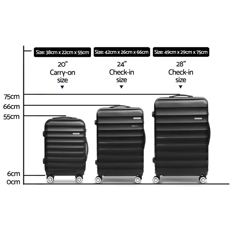 3 Piece Lightweight Hard Suit Case Luggage Black