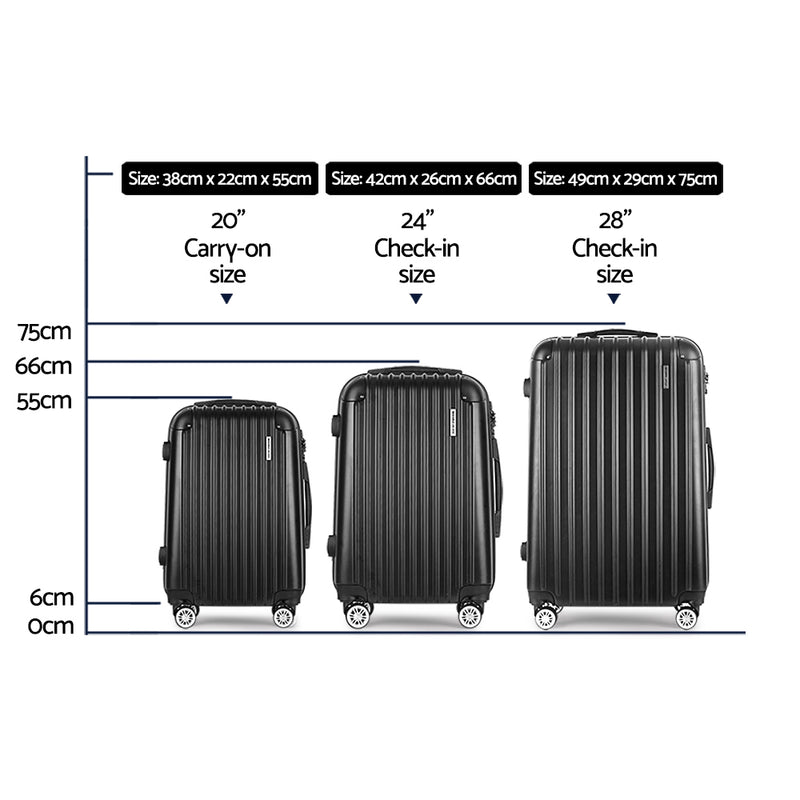 3 Piece Lightweight Hard Suit Case Luggage Black