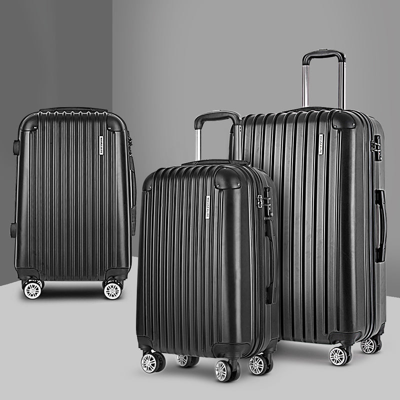 3 Piece Lightweight Hard Suit Case Luggage Black