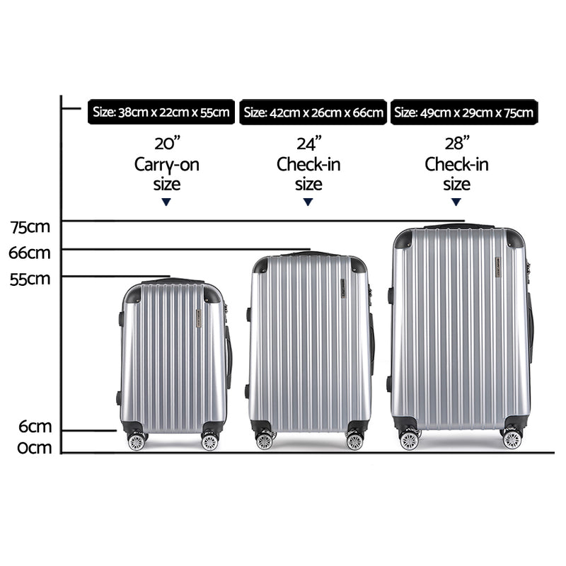 3 Piece Lightweight Hard Suit Case Luggage Silver