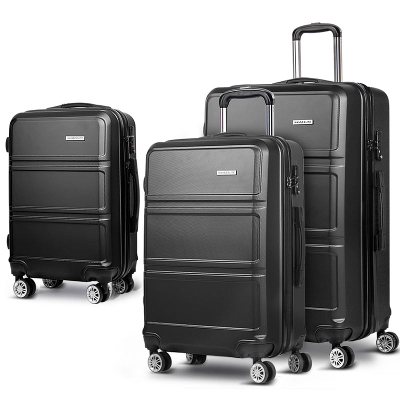 3 Piece Lightweight Hard Suit Case Luggage Black