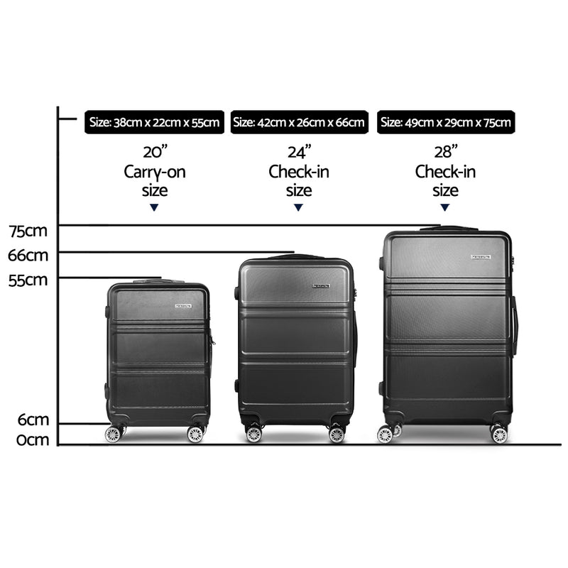 3 Piece Lightweight Hard Suit Case Luggage Black