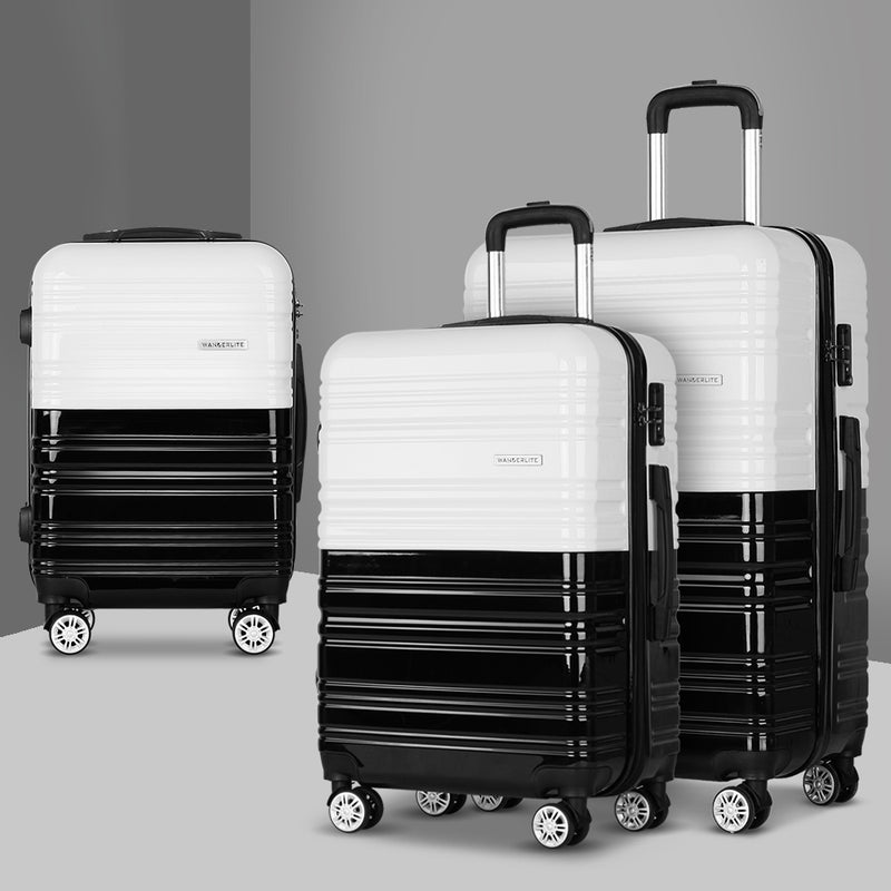 3 Piece Lightweight Hard Suit Case Luggage Black & White