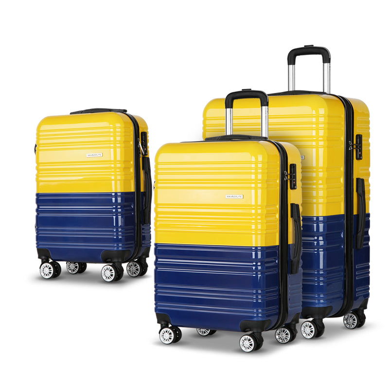 3 Piece Lightweight Hard Suit Case Luggage Yellow and Navy