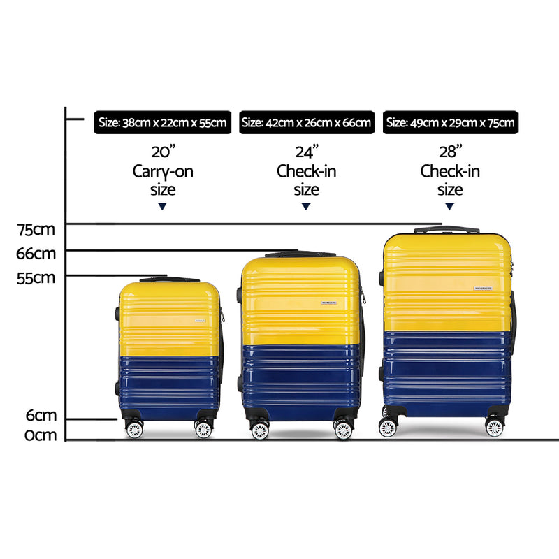 3 Piece Lightweight Hard Suit Case Luggage Yellow and Navy