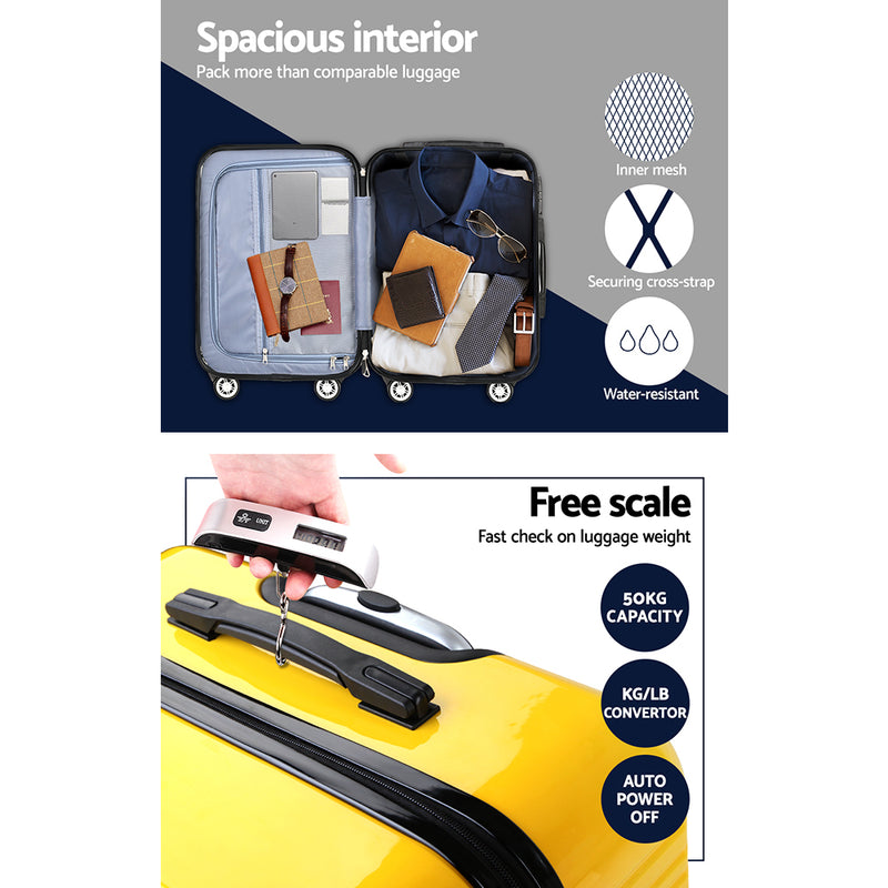 3 Piece Lightweight Hard Suit Case Luggage Yellow and Navy