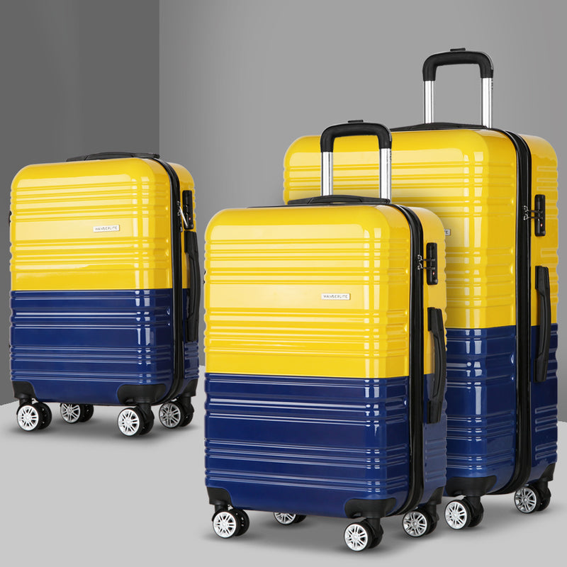 3 Piece Lightweight Hard Suit Case Luggage Yellow and Navy