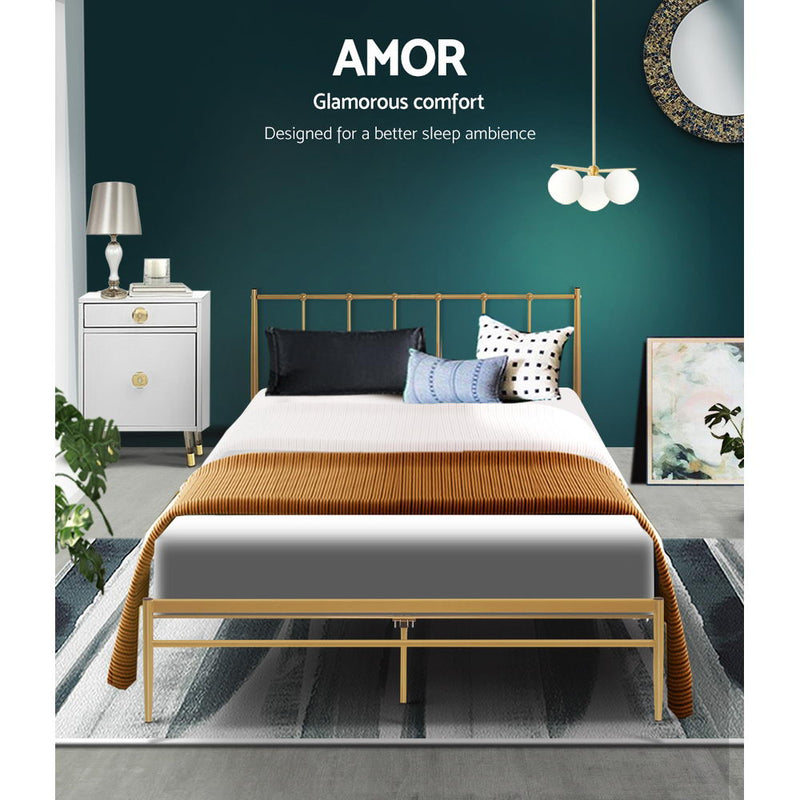 Metal Bed Frame Double Size Mattress Base Platform Foundation Gold Amor