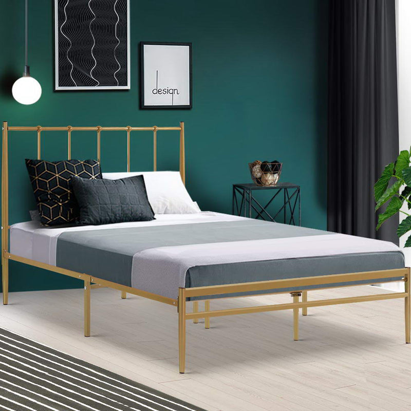 Metal Bed Frame King Single Size Mattress Base Platform Foundation Wooden Gold Amor