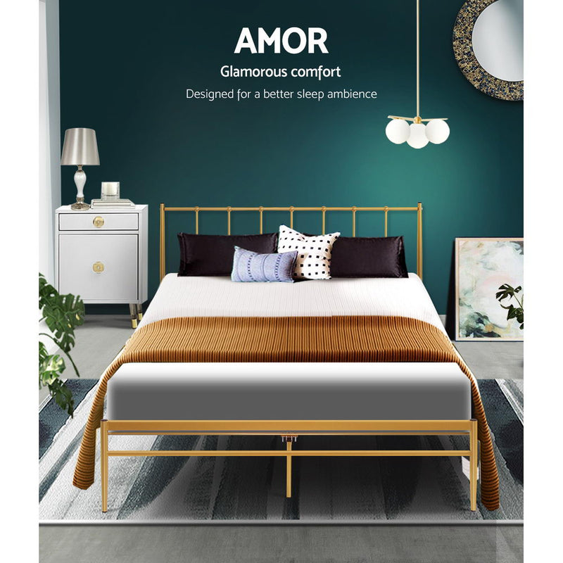 Metal Bed Frame Queen Size Mattress Base Platform Foundation Gold Amor