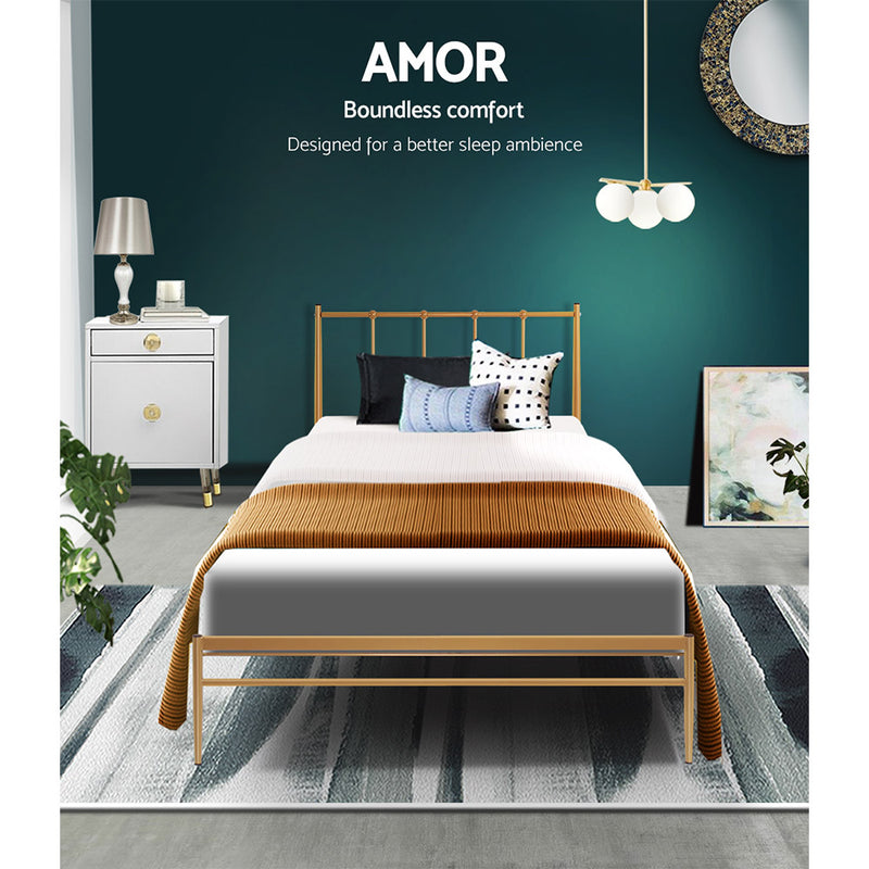 Metal Bed Frame Single Size Mattress Base Platform Foundation Wooden Gold Amor