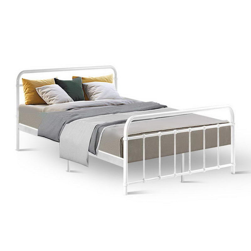 Metal Bed Frame Double Size Platform Foundation Mattress Base Leo White