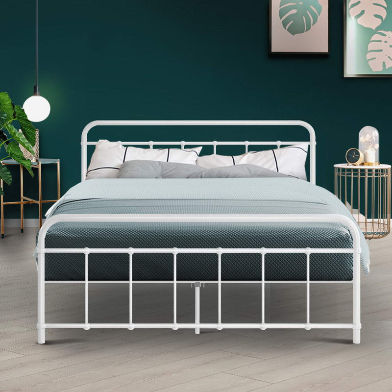 Metal Bed Frame Double Size Platform Foundation Mattress Base Leo White